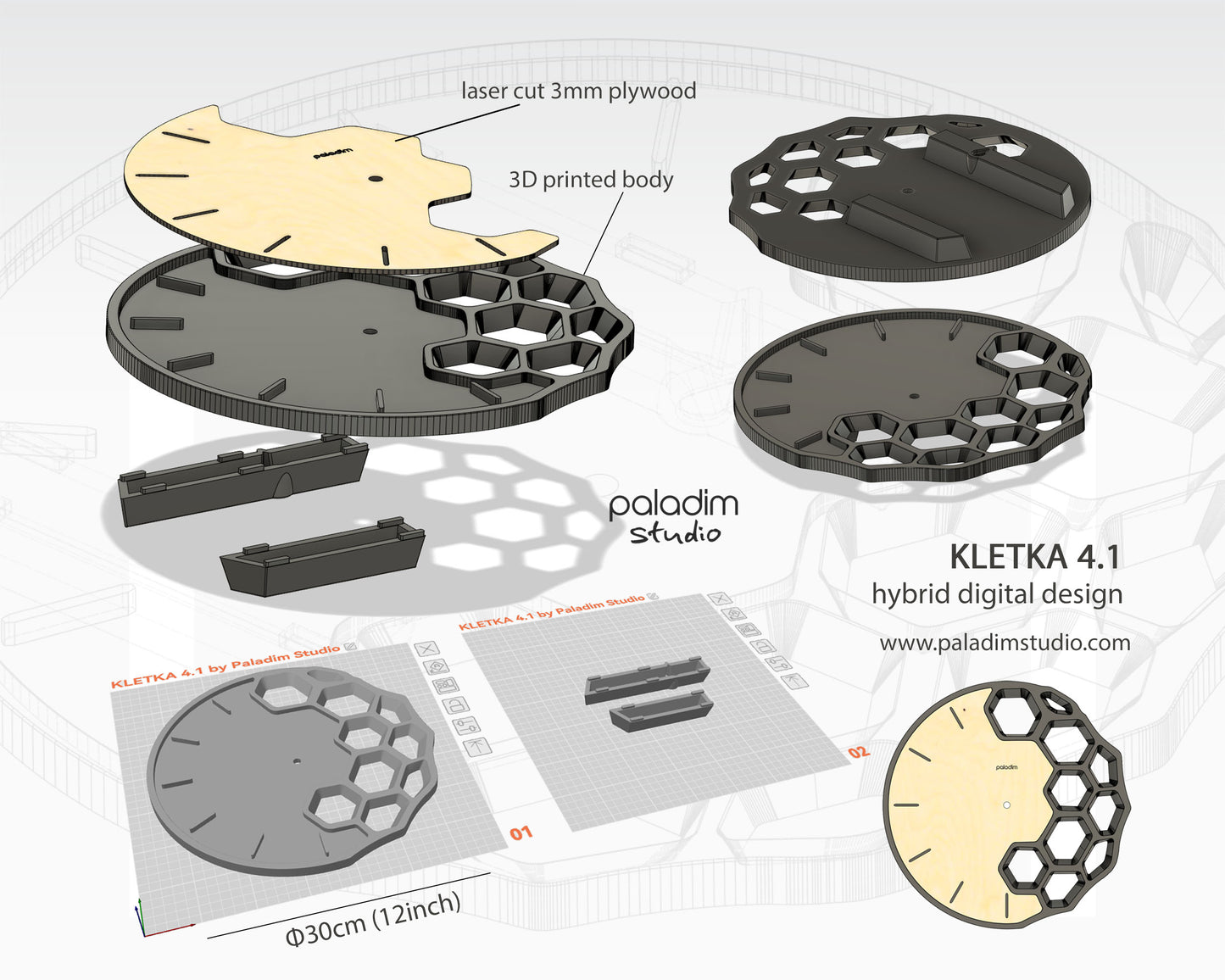 "KLETKA 4.1" STL Wall Clock Hybrid DIGITAL DESIGN for 3D Printing and Laser Cutting