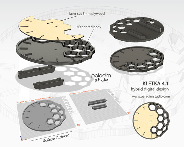 "KLETKA 4.1" STL Wall Clock Hybrid DIGITAL DESIGN for 3D Printing and Laser Cutting