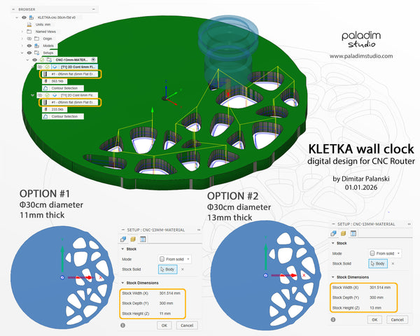 "KLETKA" Wall Clock DIGITAL DESIGN for CNC Router cutting, STP, DXF, F3D