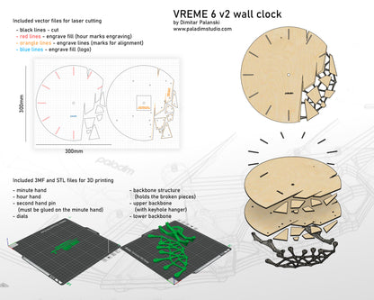 "VREME 6.1" STL Wall Clock HYBRID DIGITAL DESIGN (3D Print + Laser Cut)