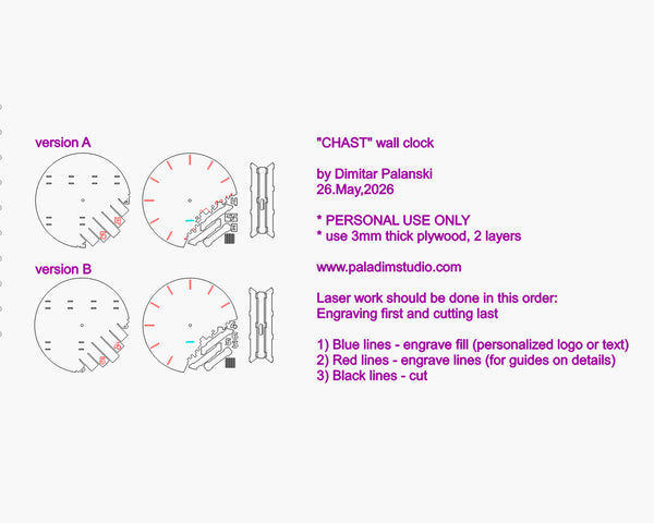"CHAST" Wall Clock DIGITAL DESIGN for Laser Cutting
