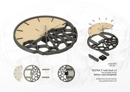 "KLETKA 3.1" STL Wall Clock Hybrid DIGITAL DESIGN for 3D Printing