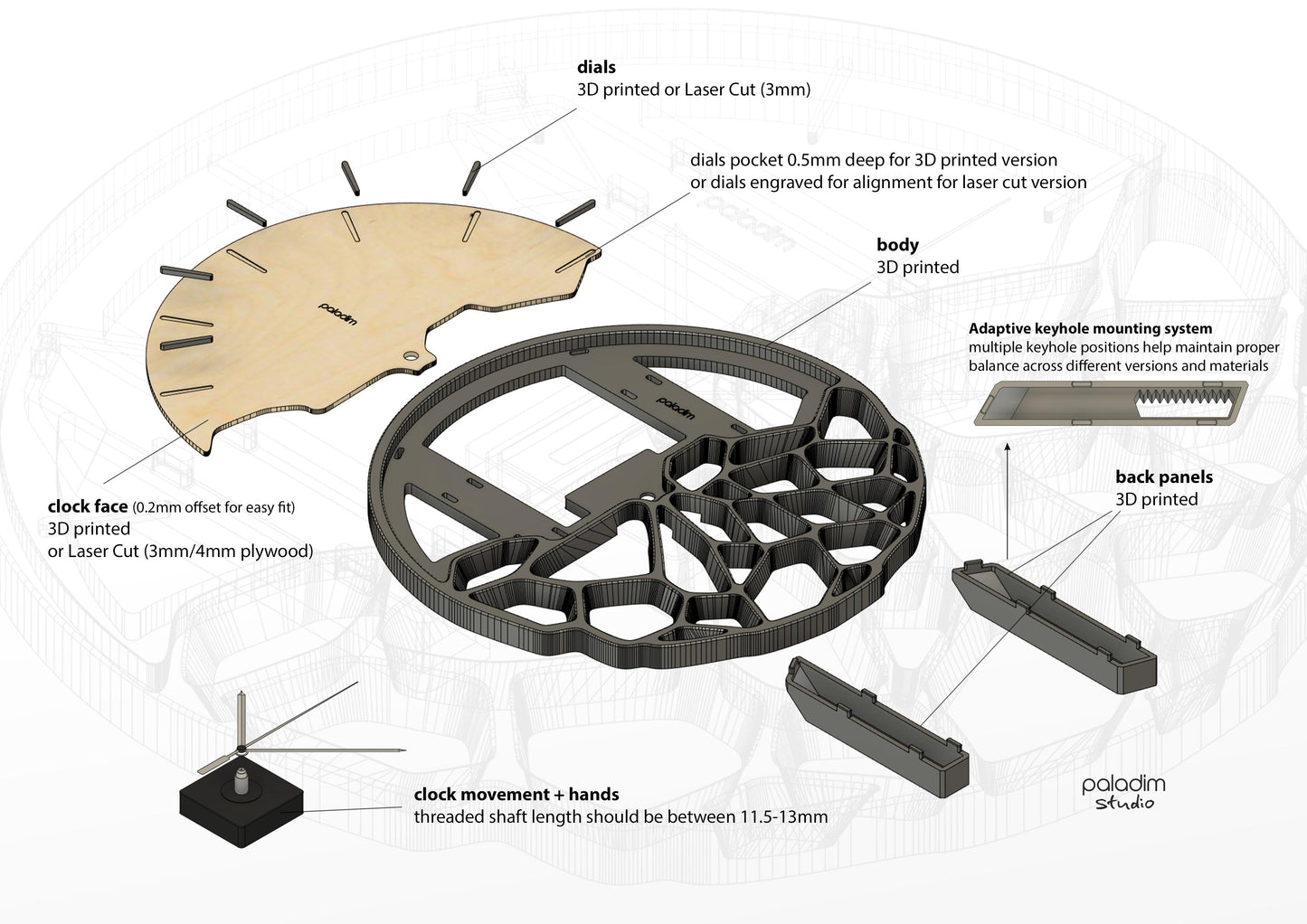 "KLETKA 3.1" STL Wall Clock Hybrid DIGITAL DESIGN for 3D Printing