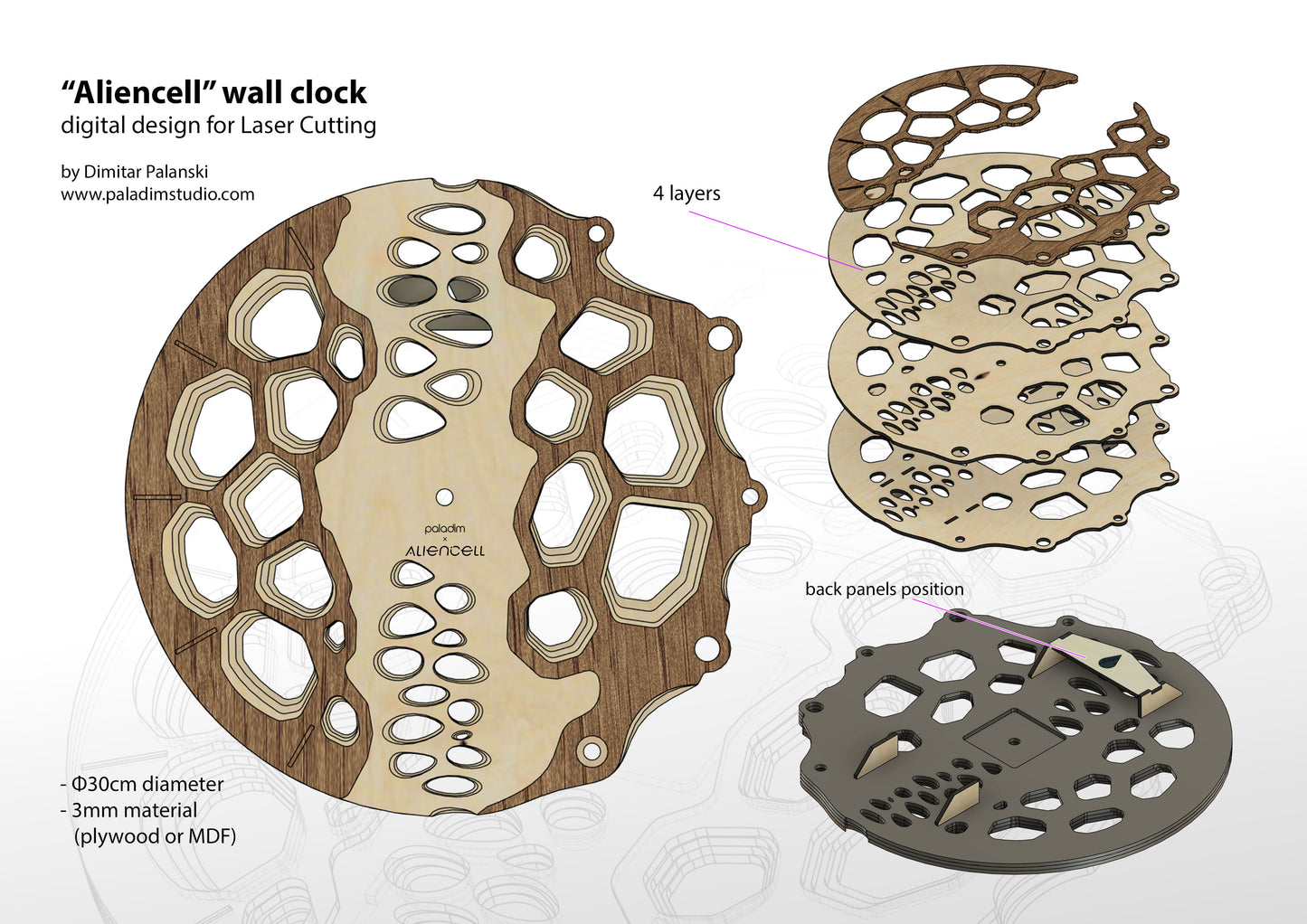 "Aliencell" Wall Clock DIGITAL DESIGN for Laser Cutting, Free