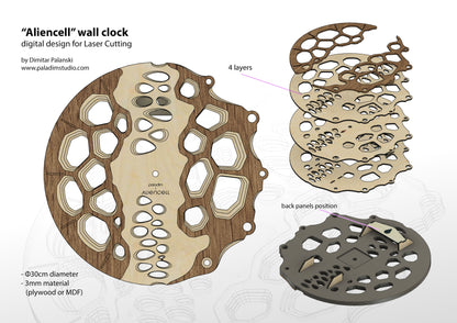 "Aliencell" Wall Clock DIGITAL DESIGN for Laser Cutting, Free