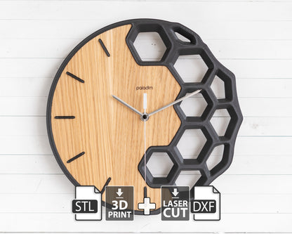 "KLETKA 4.1" STL Wall Clock Hybrid DIGITAL DESIGN for 3D Printing and Laser Cutting
