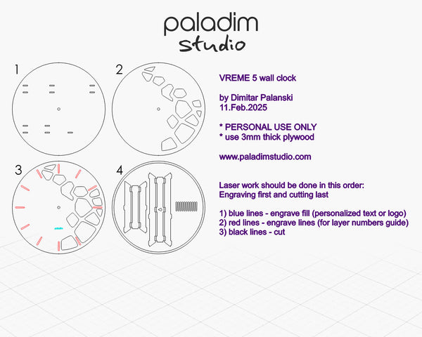 "VREME 5" Wall Clock DIGITAL DESIGN for Laser Cutting