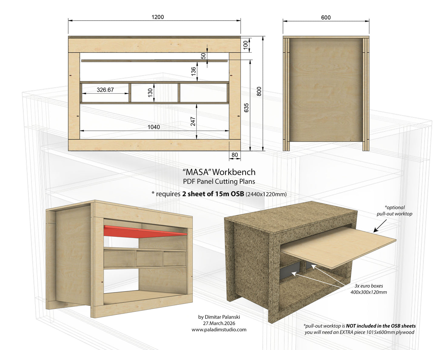 "MASA" 15mm OSB Workbench DIGITAL DESIGN, PDF Panel Cutting Plans