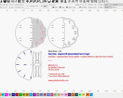 "MIXOR 2" Wall Clock DIGITAL DESIGN for Laser Cutting