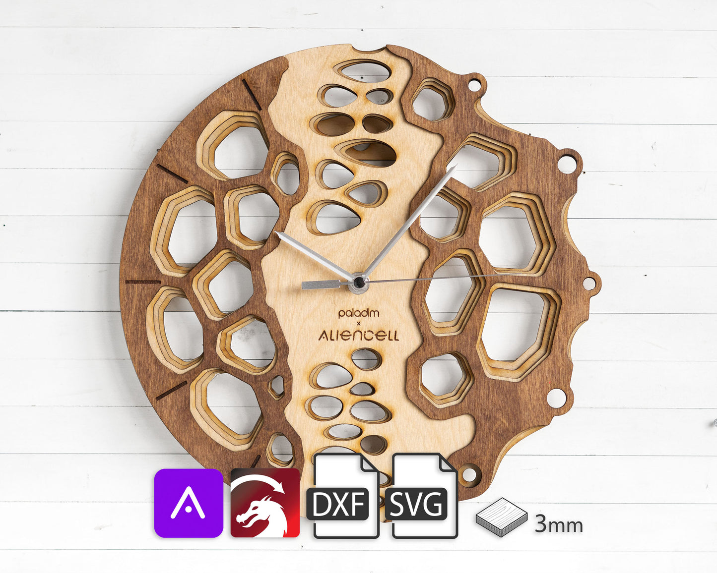 "Aliencell" Wall Clock DIGITAL DESIGN for Laser Cutting, Free