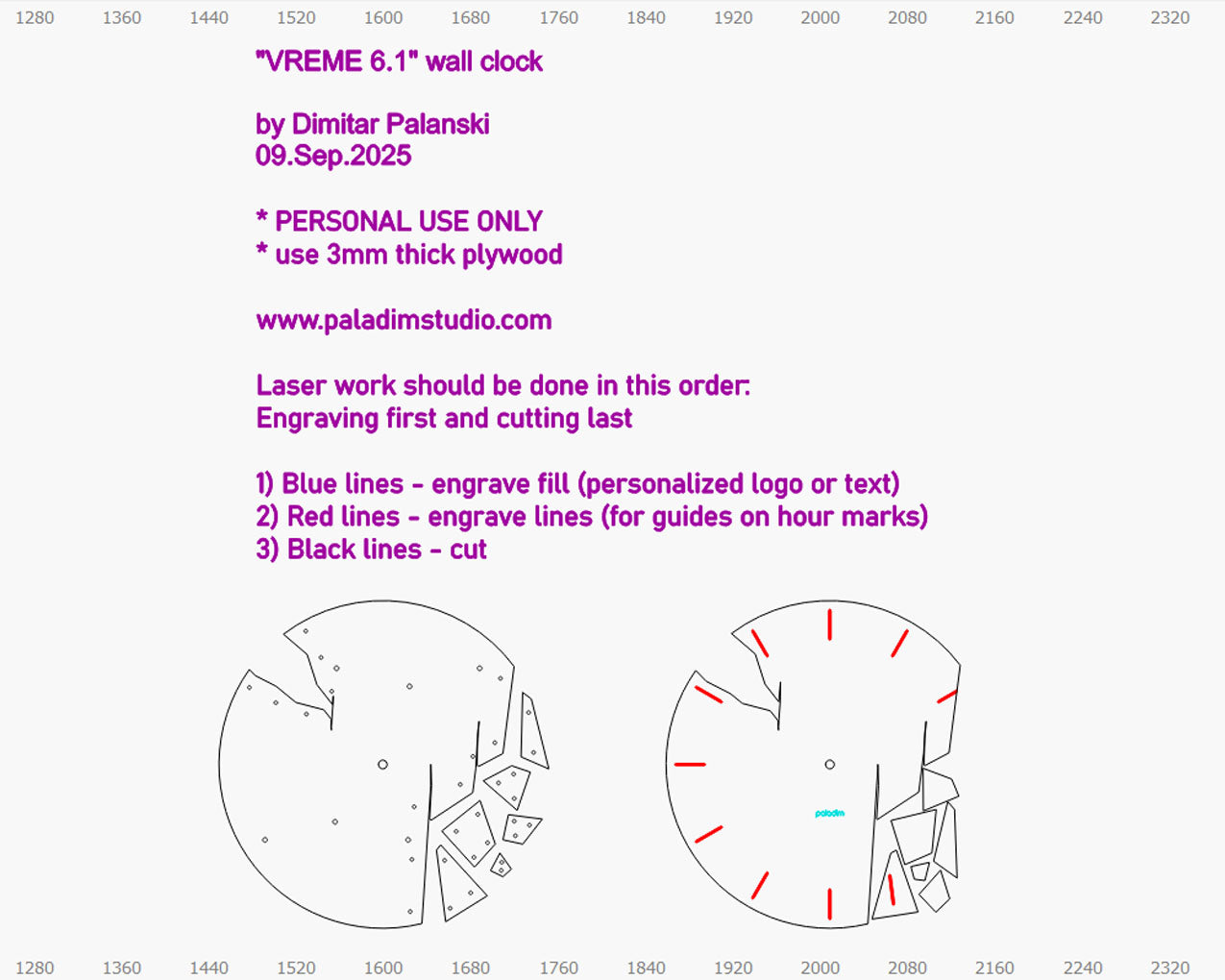 "VREME 6.1" STL Wall Clock HYBRID DIGITAL DESIGN (3D Print + Laser Cut)