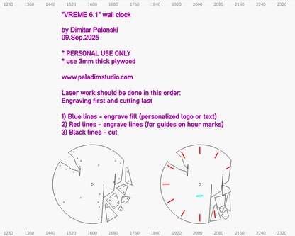 "VREME 6.1" STL Wall Clock HYBRID DIGITAL DESIGN (3D Print + Laser Cut)