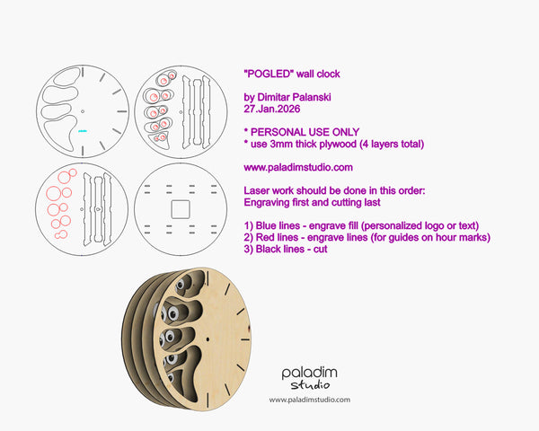 "POGLED" Wall Clock DIGITAL DESIGN for Laser Cutting